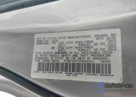 2002 Toyota Tundra Sr5 z USA, uszkodzony, nr VIN 5TBBT44172S242531